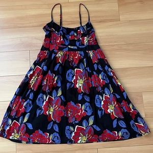 Xhiliration Navy Tropical Floral Adjustable Spaghetti Strap Dress, Ruffle, Sz M